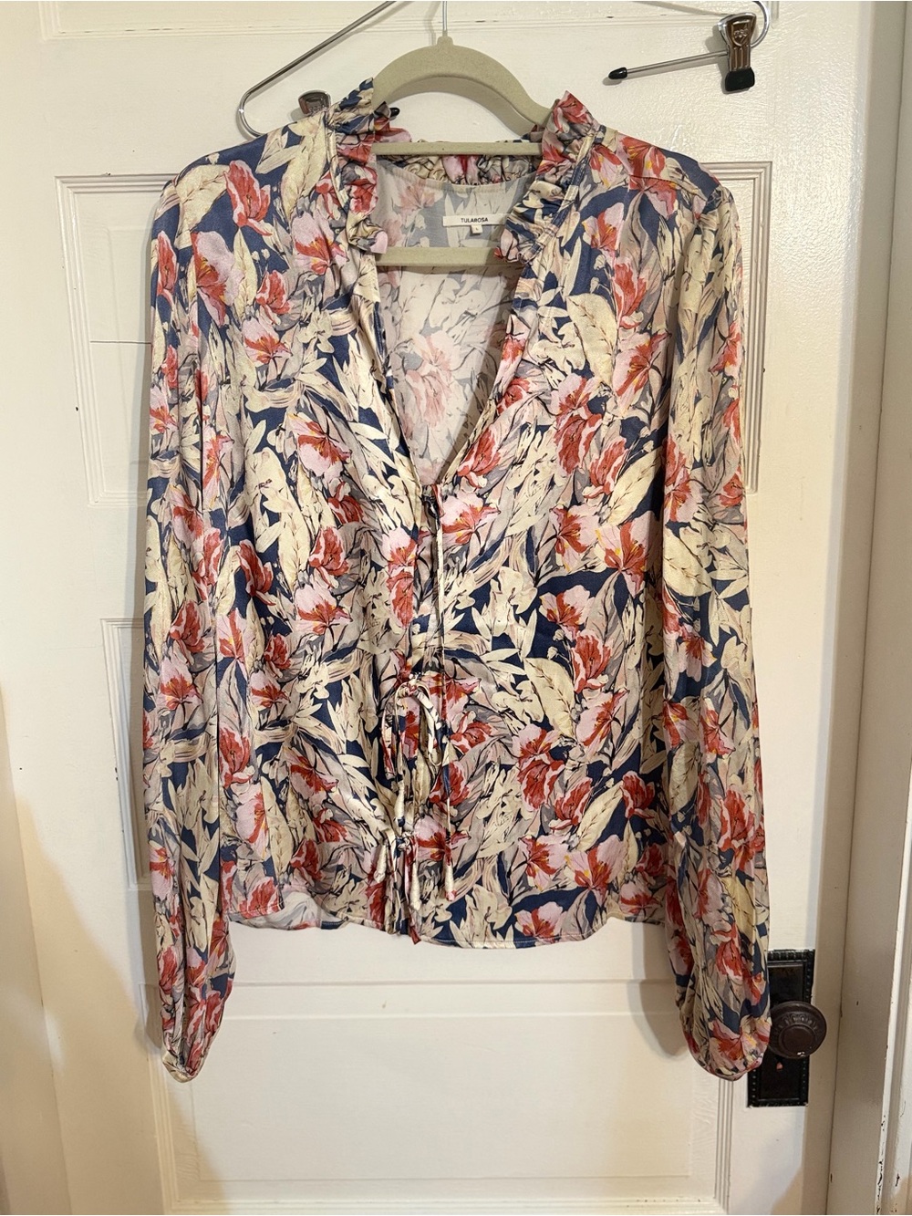 Tularosa Navy, Cream & Pink Floral Ruffle Tie-Neck Blouse - Picture 9 of 9